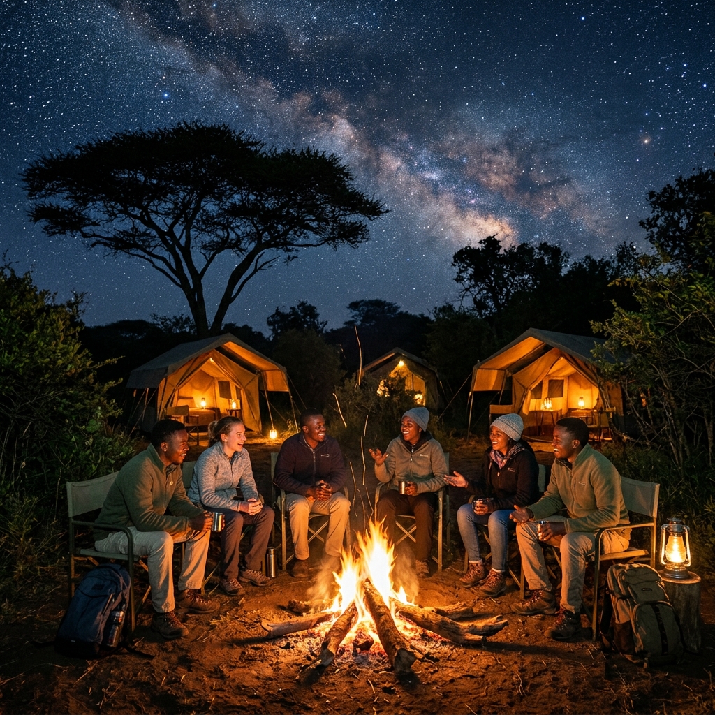 African bush camp at night